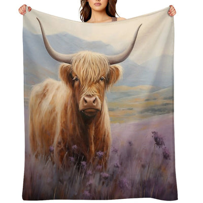 Scottish Highland Cow in Heather Sustainable Throw Blanket