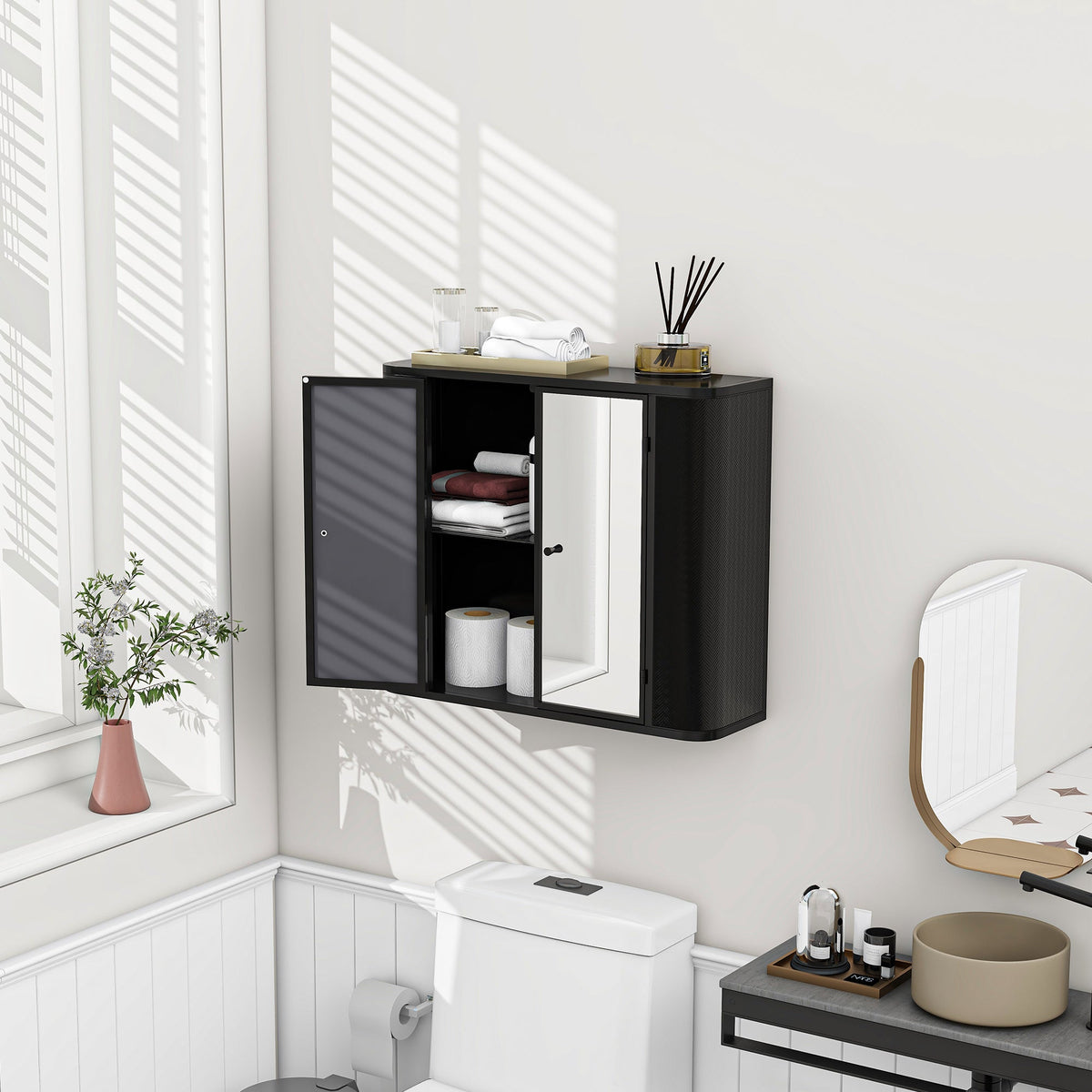 Black Wall-Mounted Bathroom Cabinet with Mirror