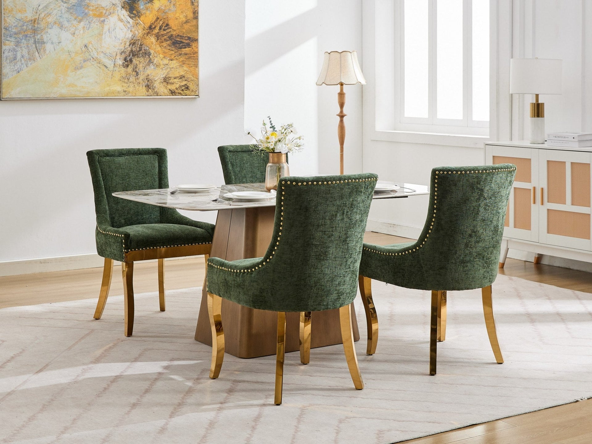 Chenille Dining Chairs Modern Style with Curved Gold-Plated Legs & Rivet Trim