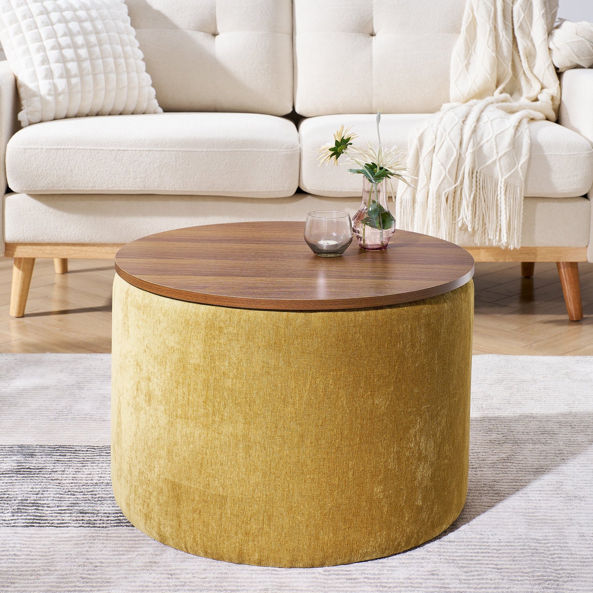 2-Piece Round Chenille Storage Ottoman Set with Drum Stool and MDF Desktop Panel
