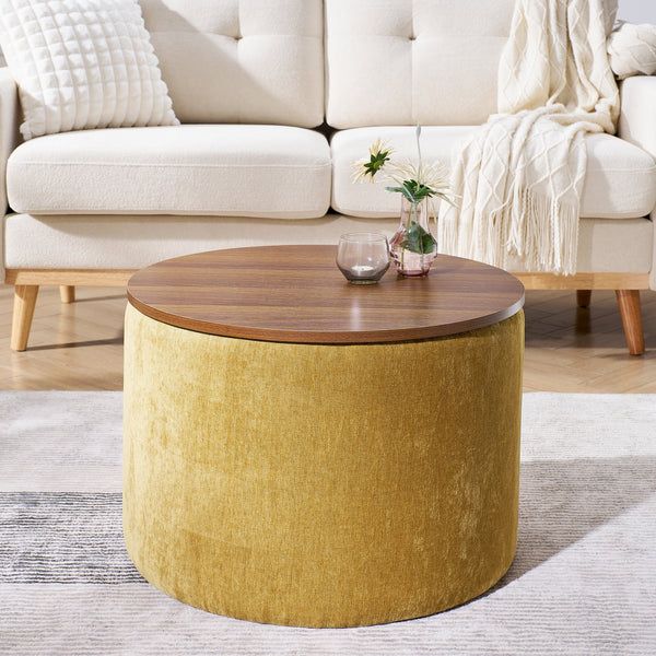 2-Piece Round Chenille Storage Ottoman Set with Drum Stool and MDF Desktop Panel