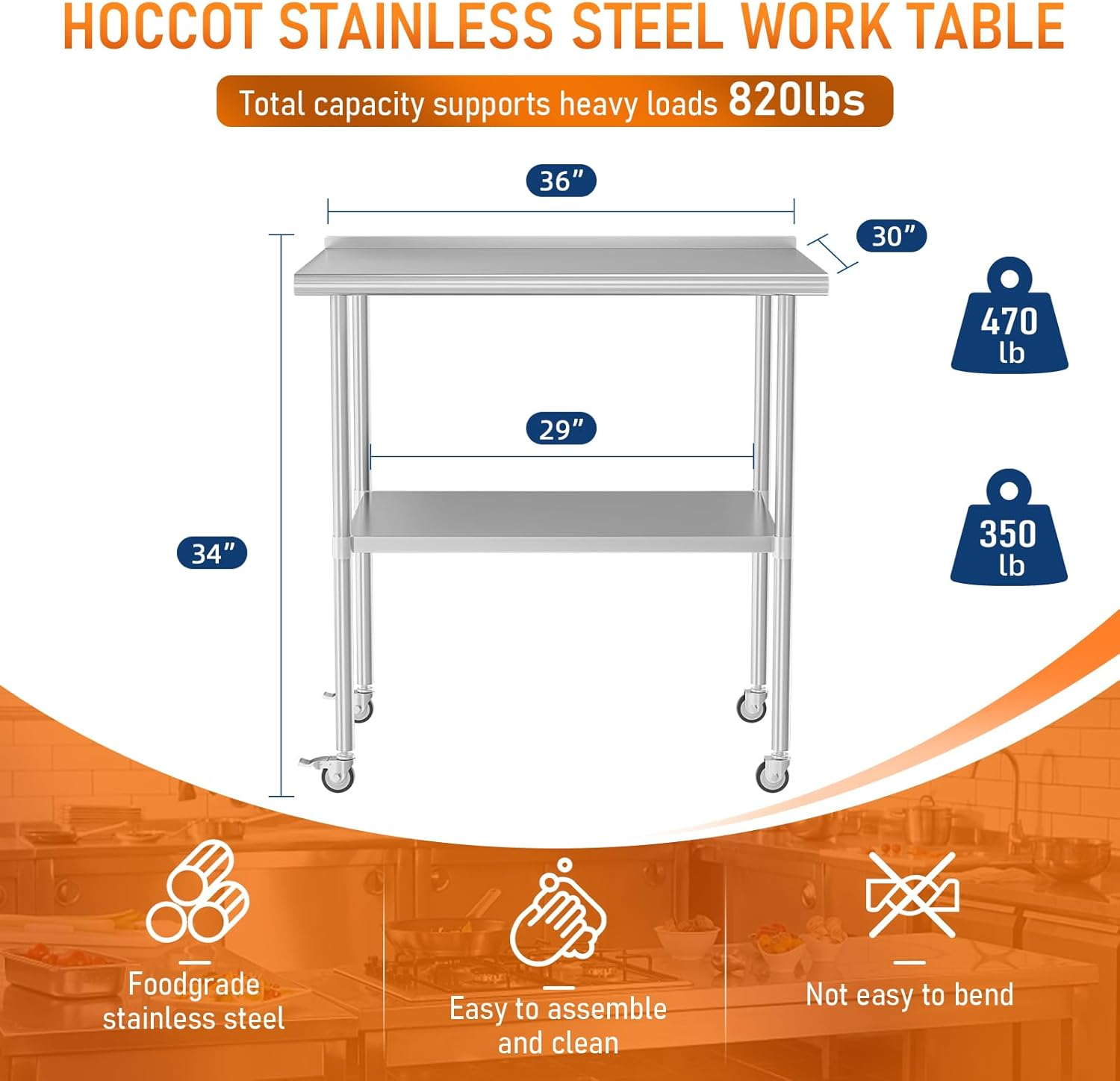 Stainless Steel Table 30 x 36 Inches Metal Prep Table with Adjustable Undershelf Wheels Stainless Table for Commercial Kitchen, Outdoor, Restaurant, Hotel & Garage