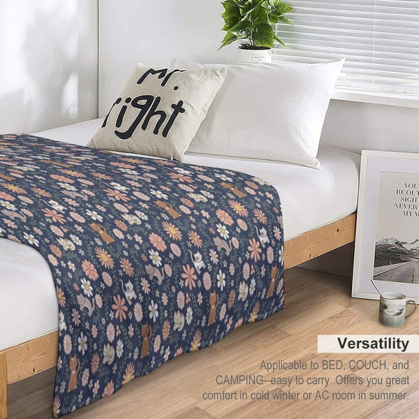 Flower Meower (Navy) Travel-friendly Throw Blanket