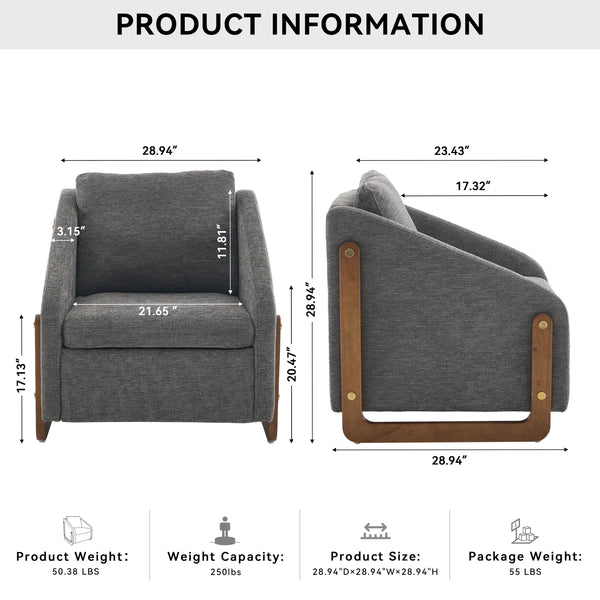 Modern Chenille Upholstered Armchair with Wooden Side Frame in Gray