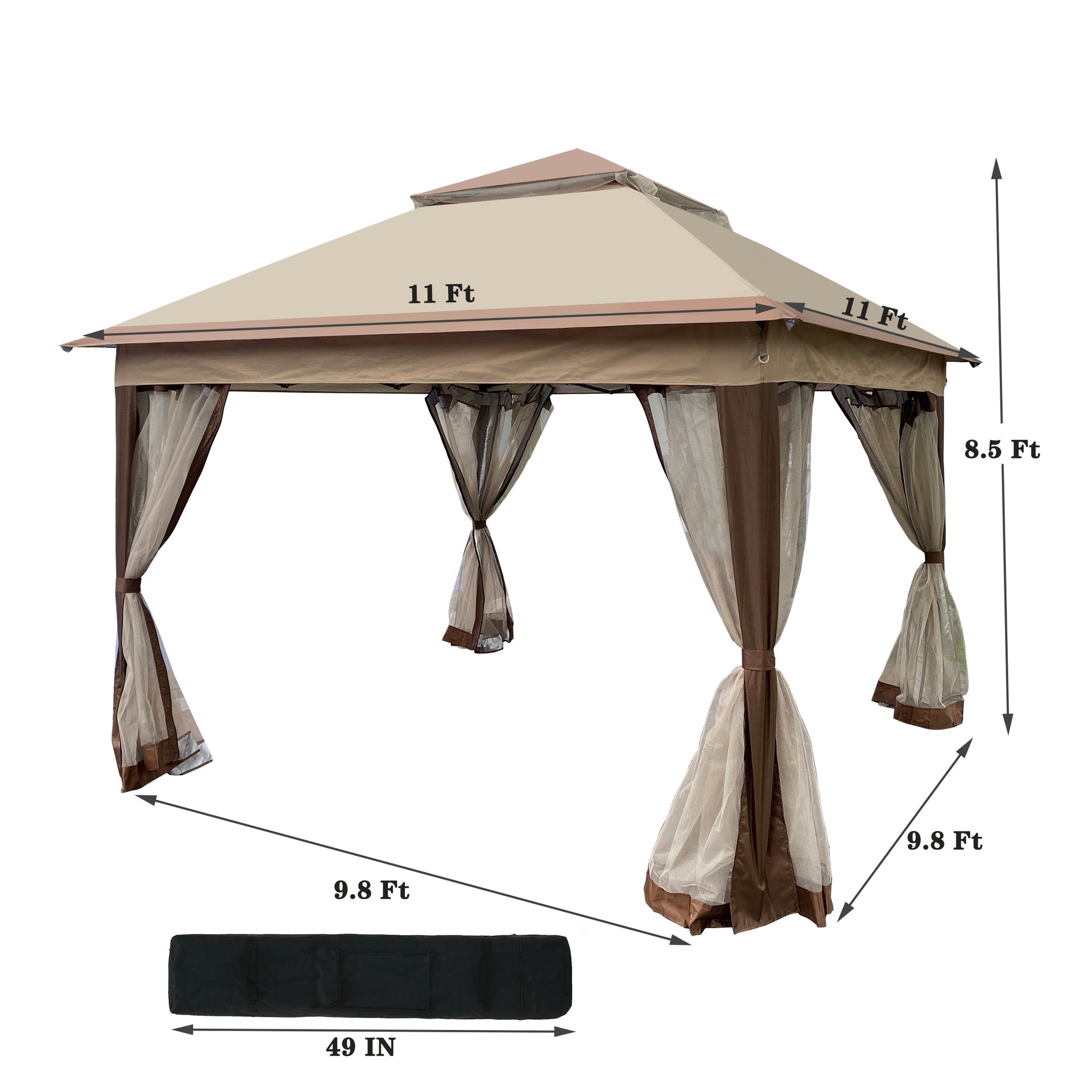 Outdoor Pop-Up Gazebo Canopy 11 x 11 ft (132 x 132 inch) with 2-Tier Soft Top and Removable Zipper Netting - Coffee Metal