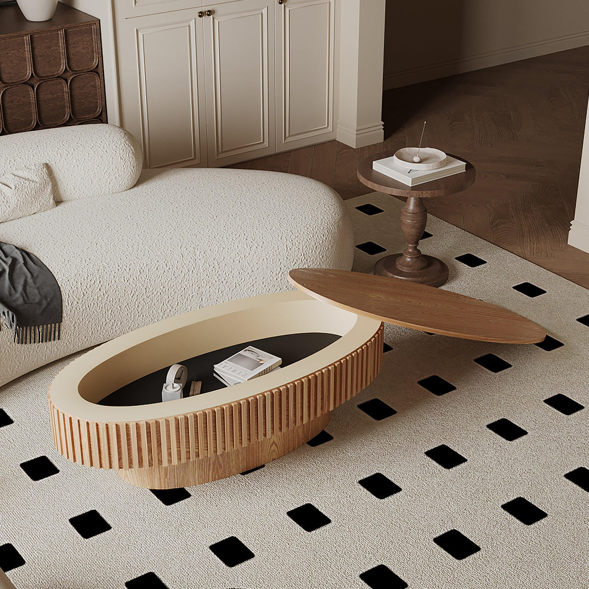 Modern Natural Wood Oval Coffee Table with Hidden Storage