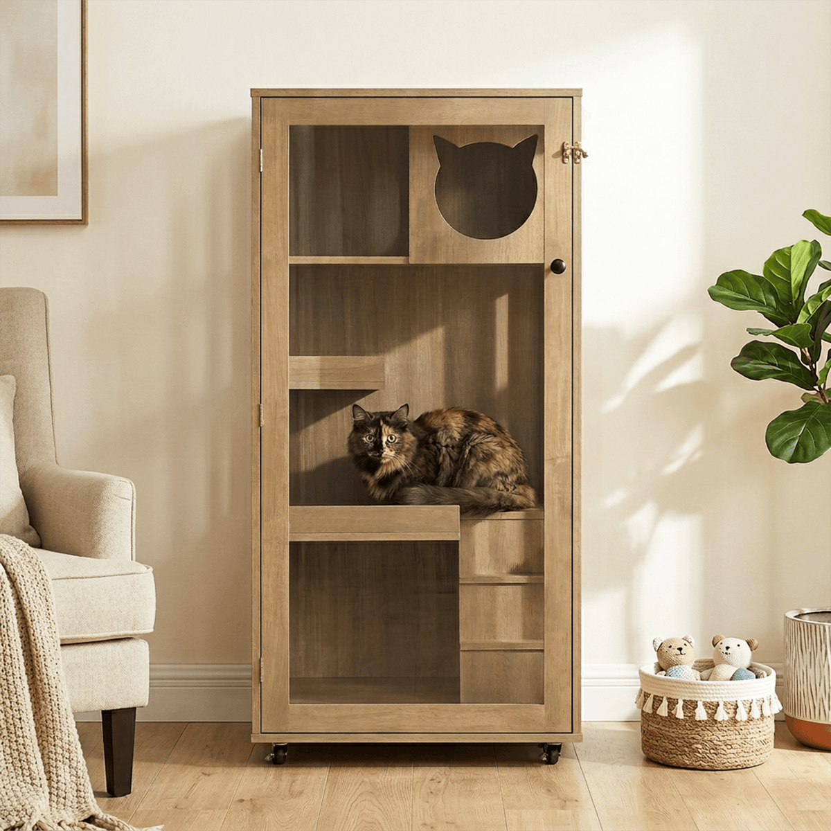 Basia Rubber Wood Cat Cabinet with Wheels
