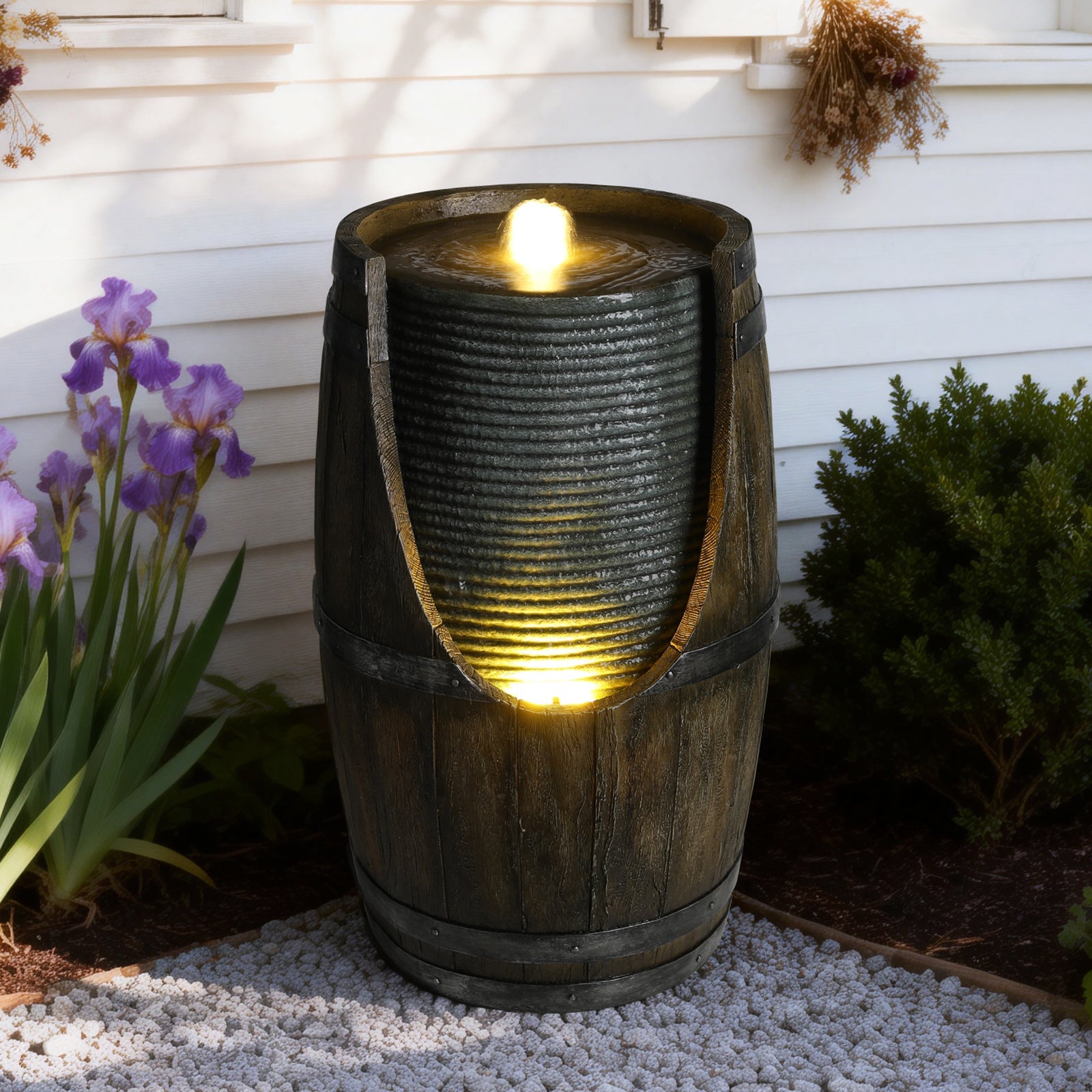 Resin Rustic Barrel Outdoor Water Fountain 24 Inch LED