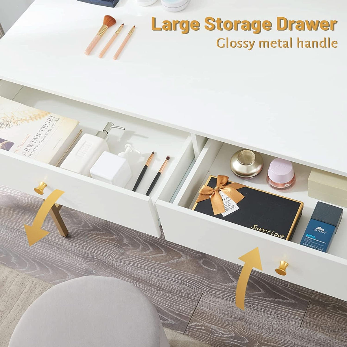 White And Gold Vanity Desk With Drawers For Bedroom