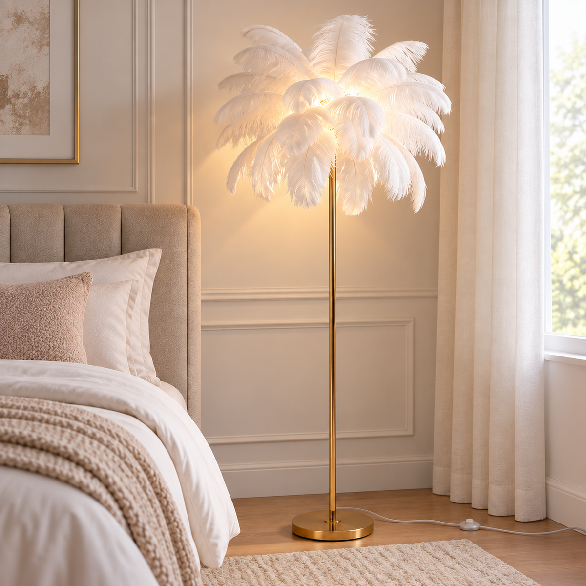 Luxury Ostrich Feather Floor Lamp, 160cm Tall Modern Standing Light with 58+ Extra-Full 45cm Lengthened Feathers