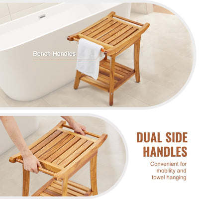 Teak Shower Bench, 22 X 14.4 X 18.5 In, Waterproof Wood Shower Stool With Storage Shelf Handle Non-Slip Feet, 300 Lbs Maximum Load Capacity Shower Chair Seat, For Bathroom Indoor And Outdoor Use