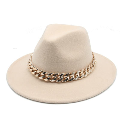 Fedora Hats for Women Men Wide Brim Thick Gold Chain Metal Chain Buckle Fedora Hat Classic Wide Brim Floppy Hat Warm Vintage Cap Winter Autumn Lightweight Luxury Hat
