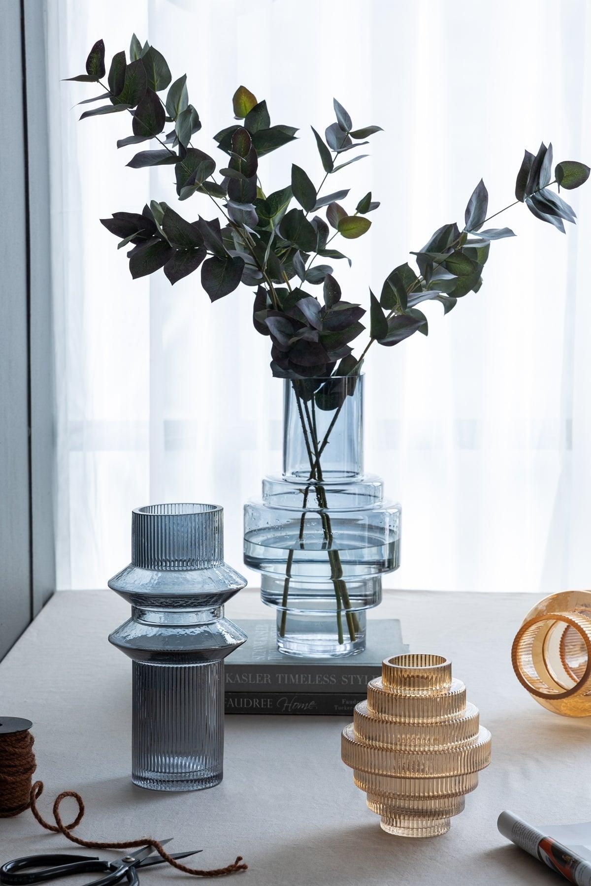 Set of 2 Blue Smoked  Modern Geometric Glass Vase