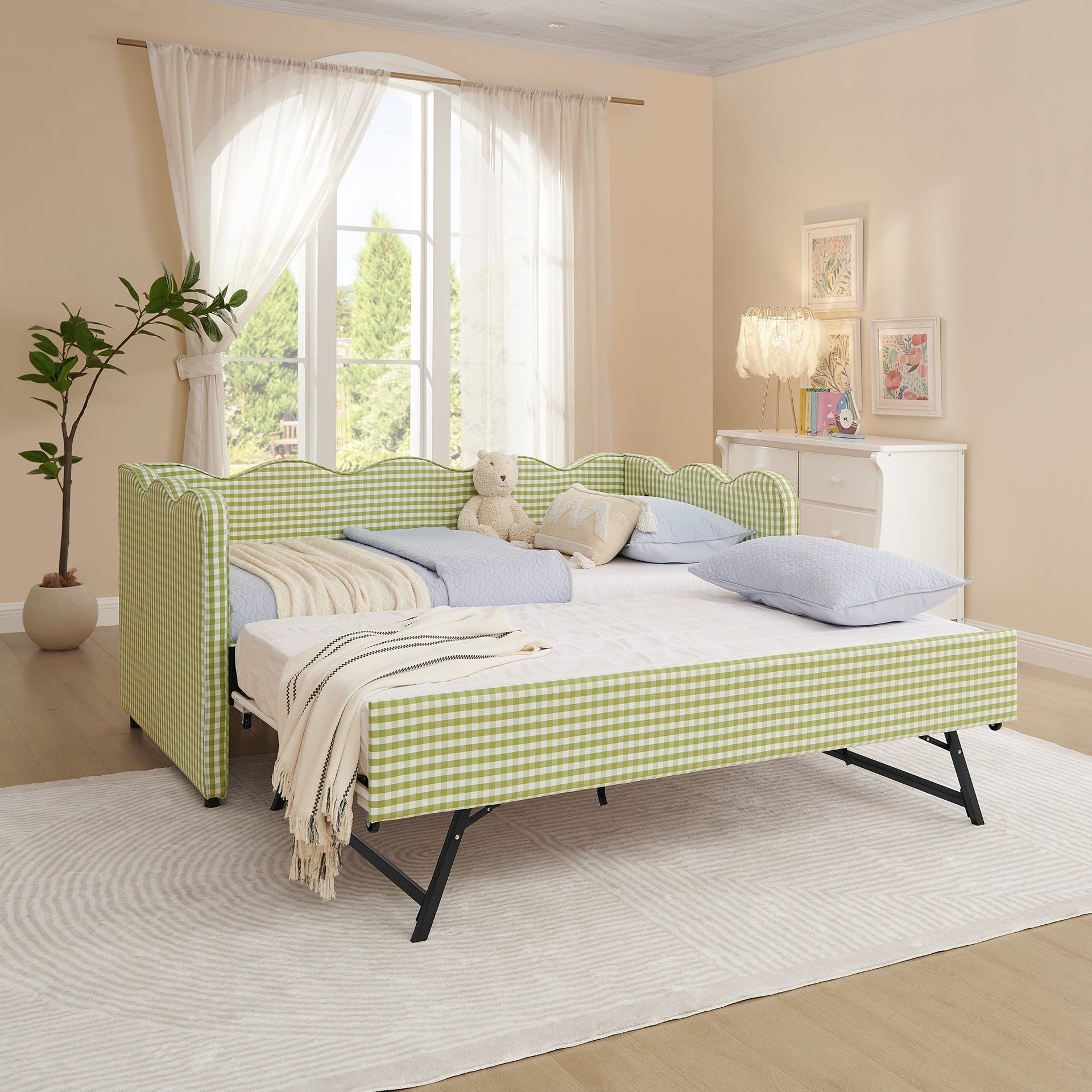Cozy Gingham Daybed with Trundle - Twin Size Sofa Bed