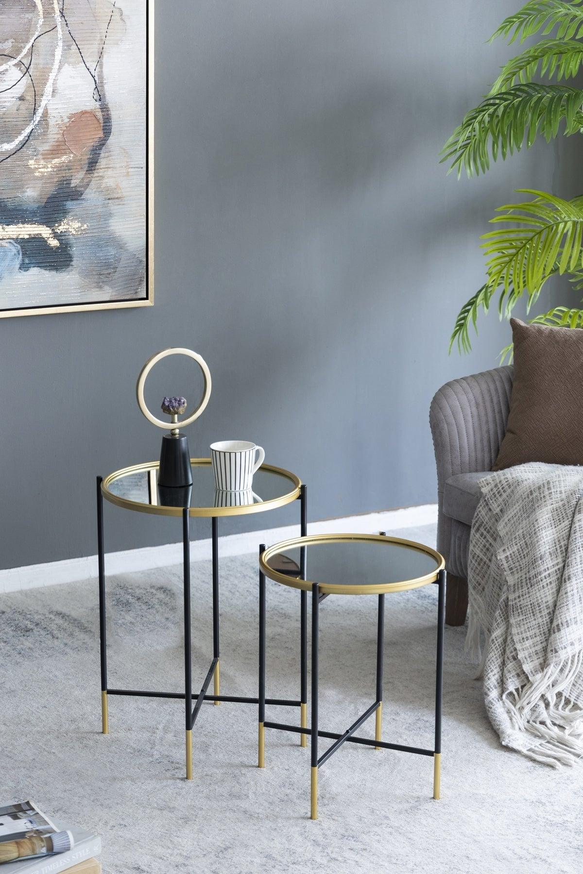 Set of 2 Gold Nesting Side Tables with Mirrored Tops