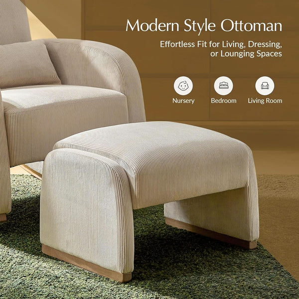 Beige Corduroy Ottoman With Contemporary Wood Legs