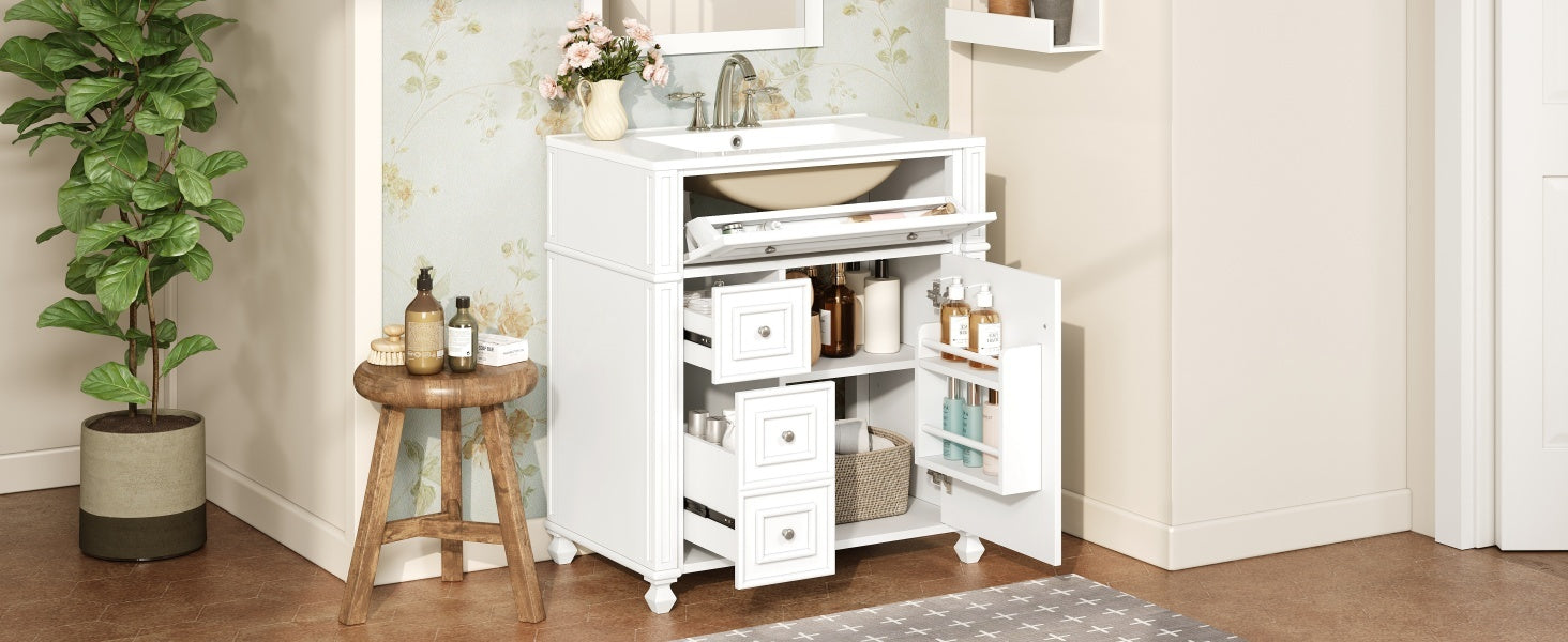 Bathroom Vanity with Ceramic Sink Basin, Cabinet with Soft-Close Doors and Organizer