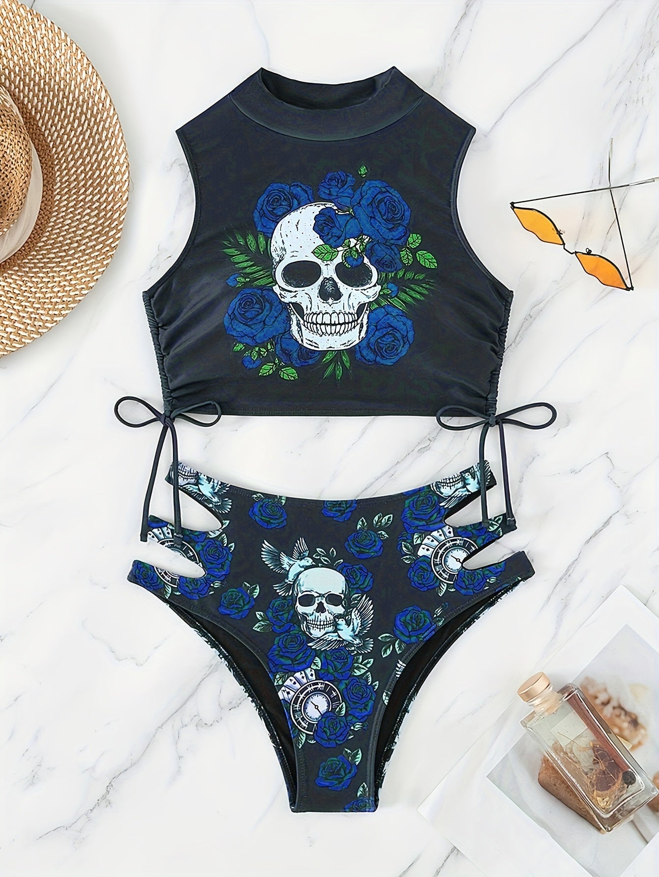 Bikini Skull Print Hollow-Out 2 Piece Swimsuit for Women – Sexy Lace-Up Floral Tie Bathing Suit with Crew Neck – High Stretch Halloween Inspired Bikini Set for Beach Party, Festival, and Summer Vacation