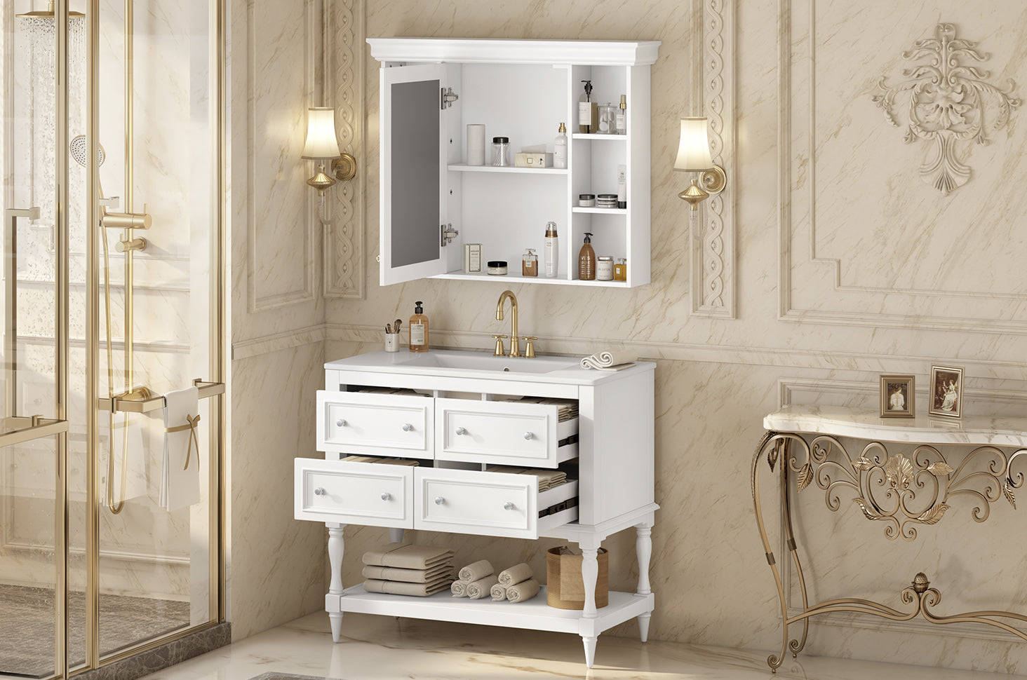 36'' Bathroom Vanity with Medicine Cabinet, Modern Mirror Cabinet with Adjustable Shelf, Bathroom Storage Cabinet with 4 Drawers, Solid Wood Frame Bathroom Storage Cabinet