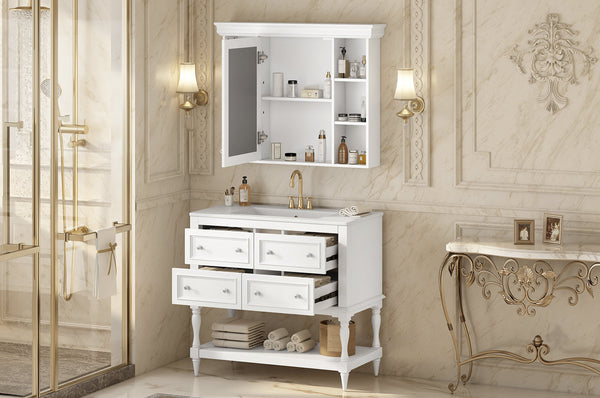 36'' Bathroom Vanity with Medicine Cabinet, Modern Mirror Cabinet with Adjustable Shelf, Bathroom Storage Cabinet with 4 Drawers, Solid Wood Frame Bathroom Storage Cabinet