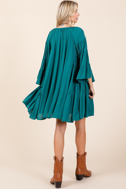 Frill Tie Neck Bell Sleeve Dress For Women – Feminine and Sophisticated Dress with Playful Frill Details and Elegant Bell Sleeves