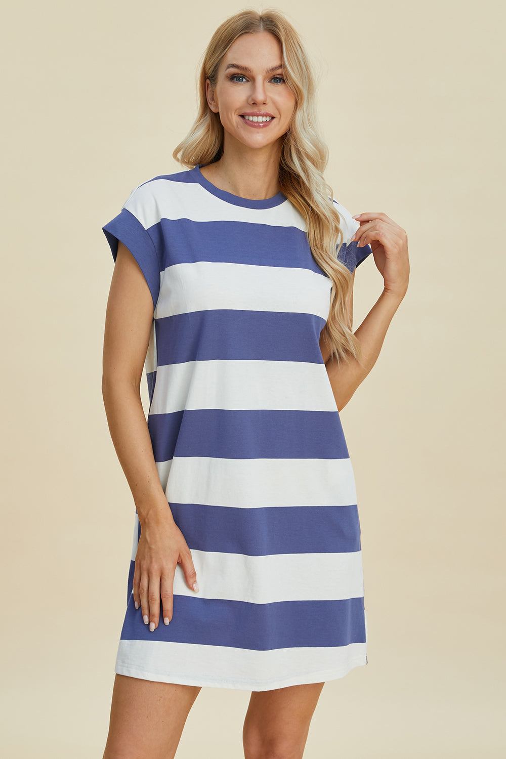 Full Size Striped Round Neck Cap Sleeve Mini Dress For Women – Striped Mini Dress, Full-Size Round Neck Dress, Comfortable Cap Sleeve Dress, Chic Striped Dress, Flattering Mini Dress, Casual Everyday Dress, Versatile Striped Dress