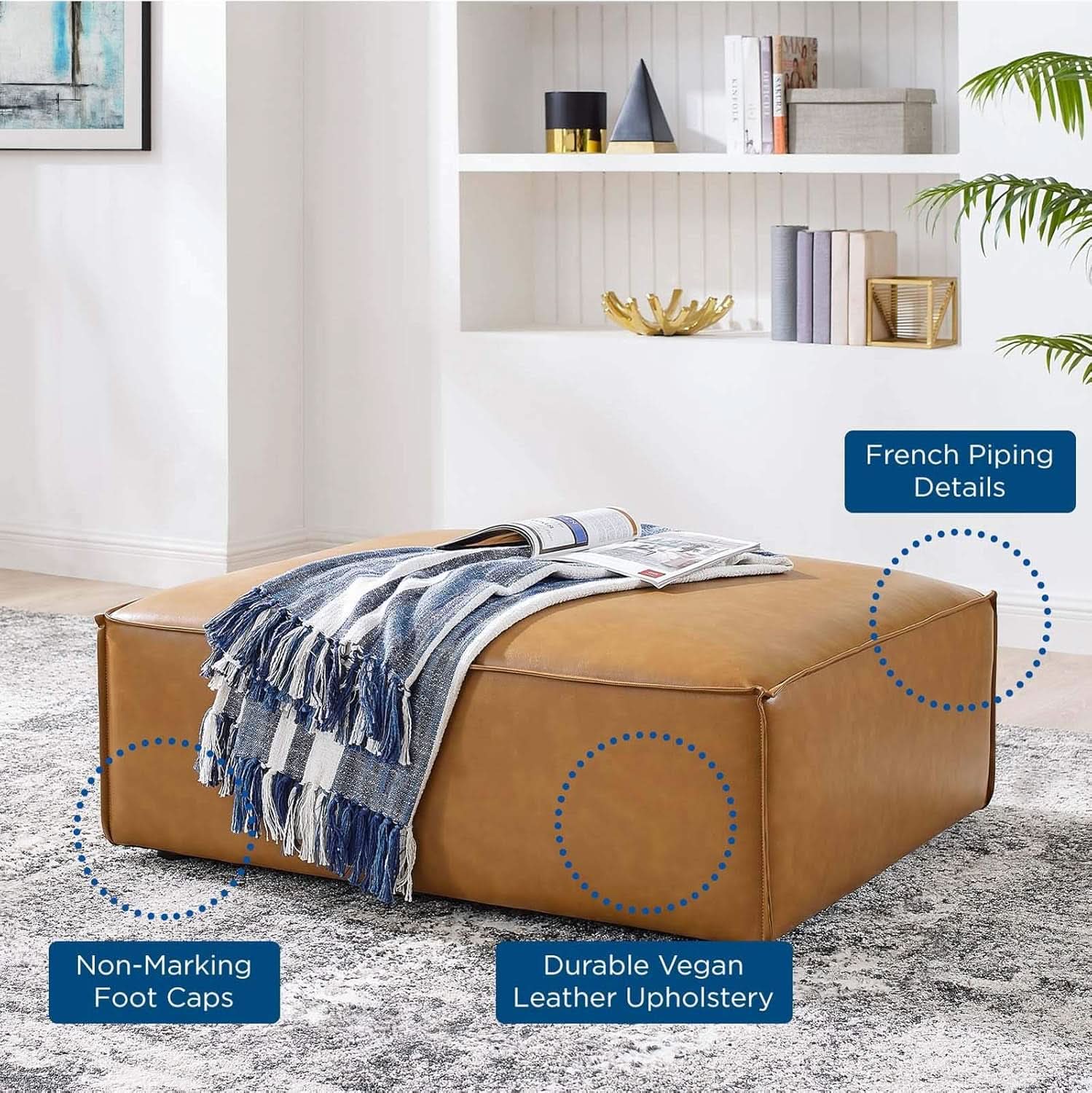 Tan Vegan Leather Contemporary Sectional Sofa Ottoman