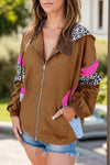 Colorful Women's Leopard Print Zip-Up Hooded Jacket Trendy Long Sleeve Outerwear with Pockets