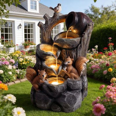 Resin Squirrel Tree Stump Outdoor Fountain 30 Inch LED