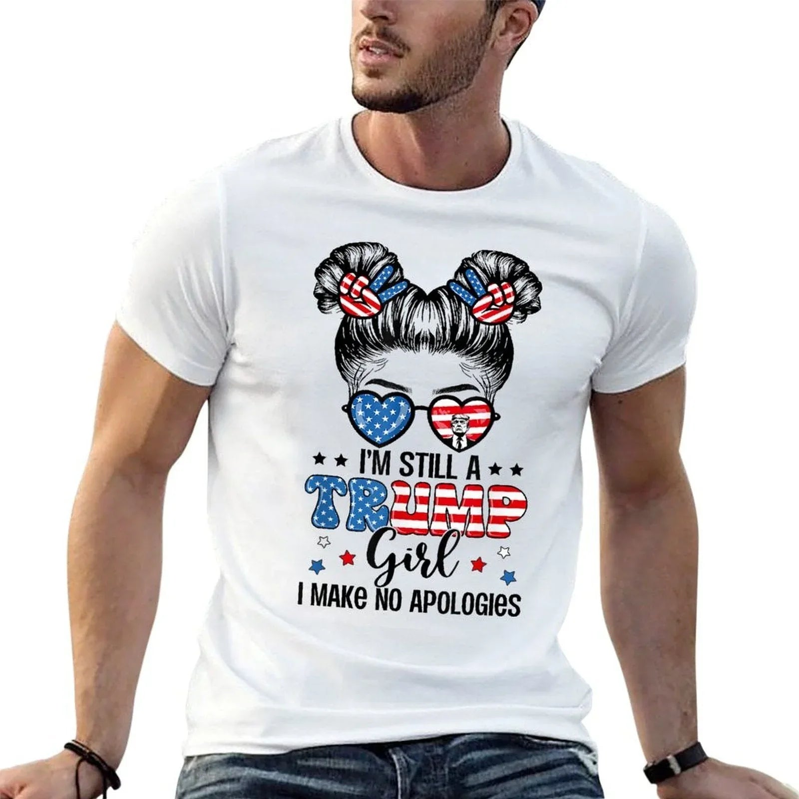 All American Trump Girl 4th Of July Messy Bun No Apologies  Moisture-wicking T-Shirt