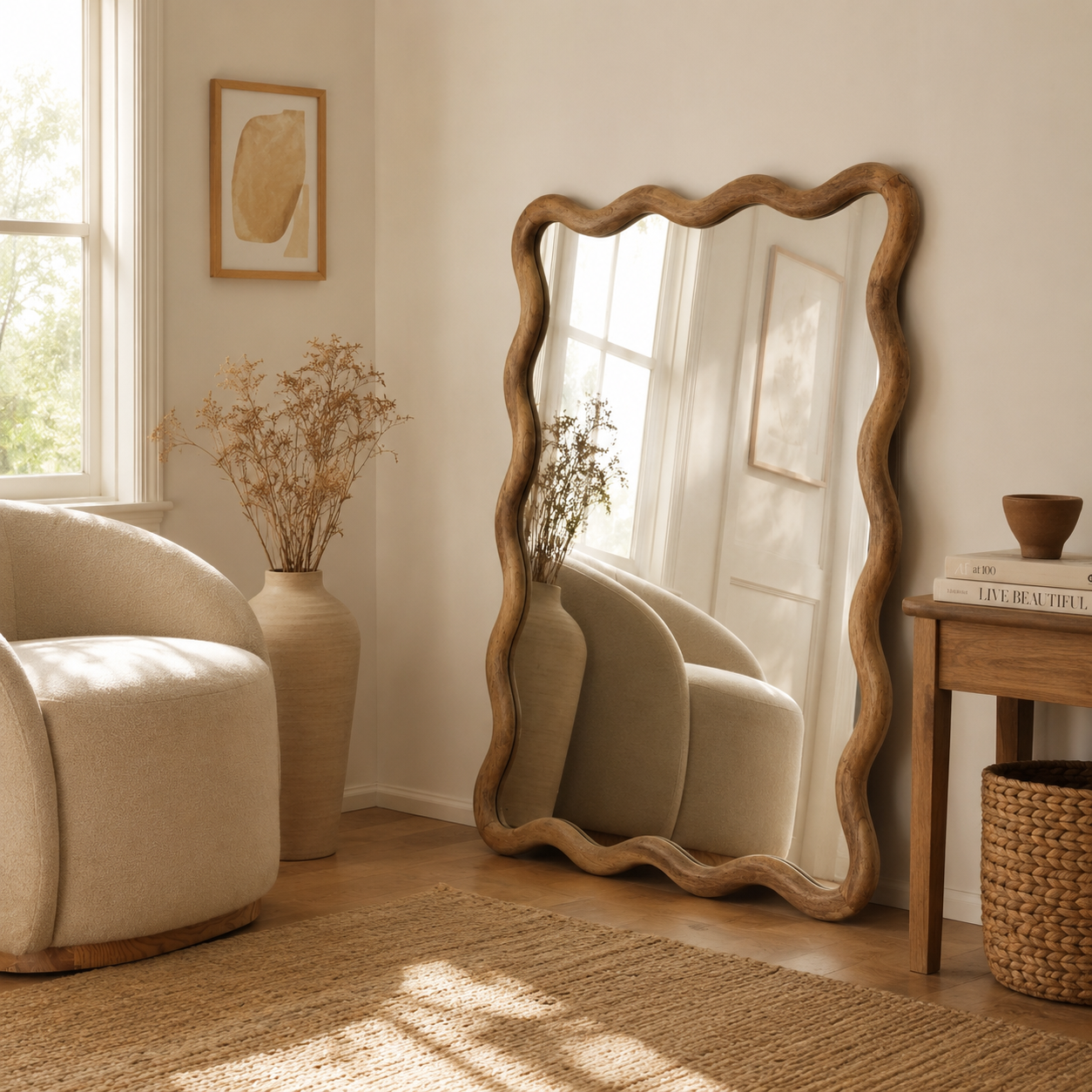 Decorative Wavy Wall Mirror with Mango Wood Frame, 36x48