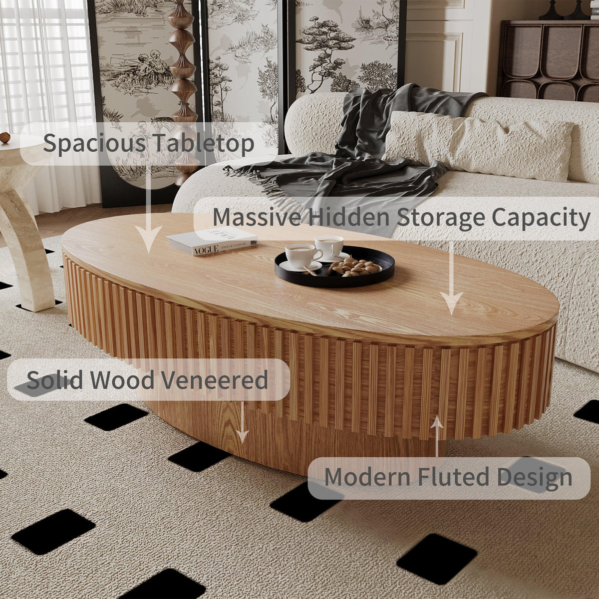 Modern Natural Wood Oval Coffee Table with Hidden Storage