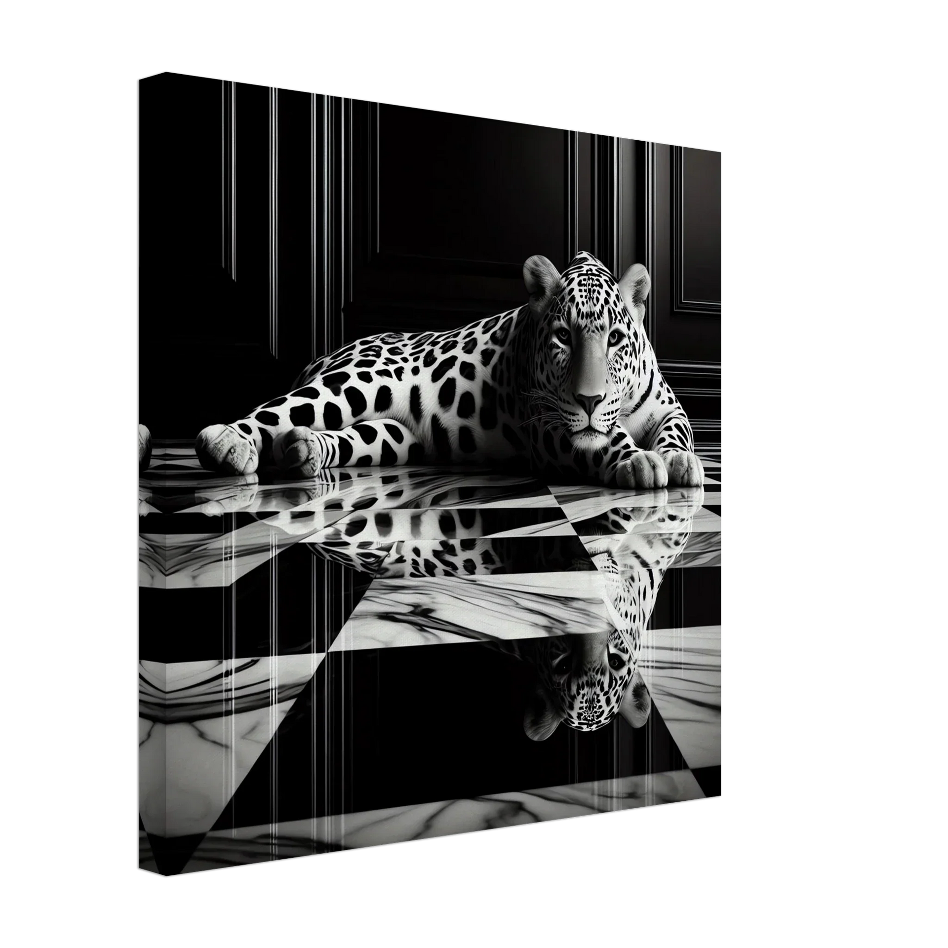 Leopard Canvas Art Print – Striking Design on Black & White Checkered Marble Floor