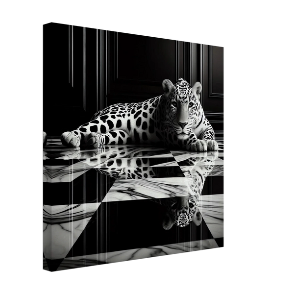 Leopard Canvas Art Print – Striking Design on Black & White Checkered Marble Floor
