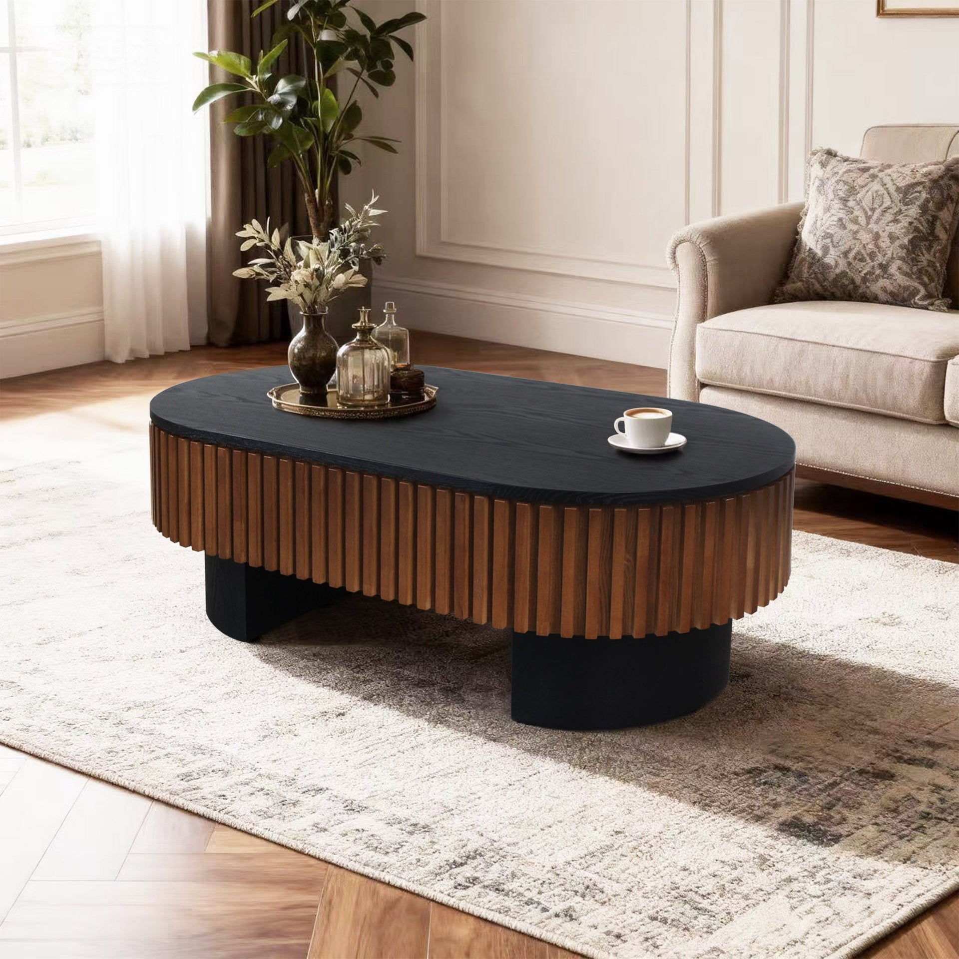 French Inspired Elliptical Living Room Coffee Table with Hidden Storage