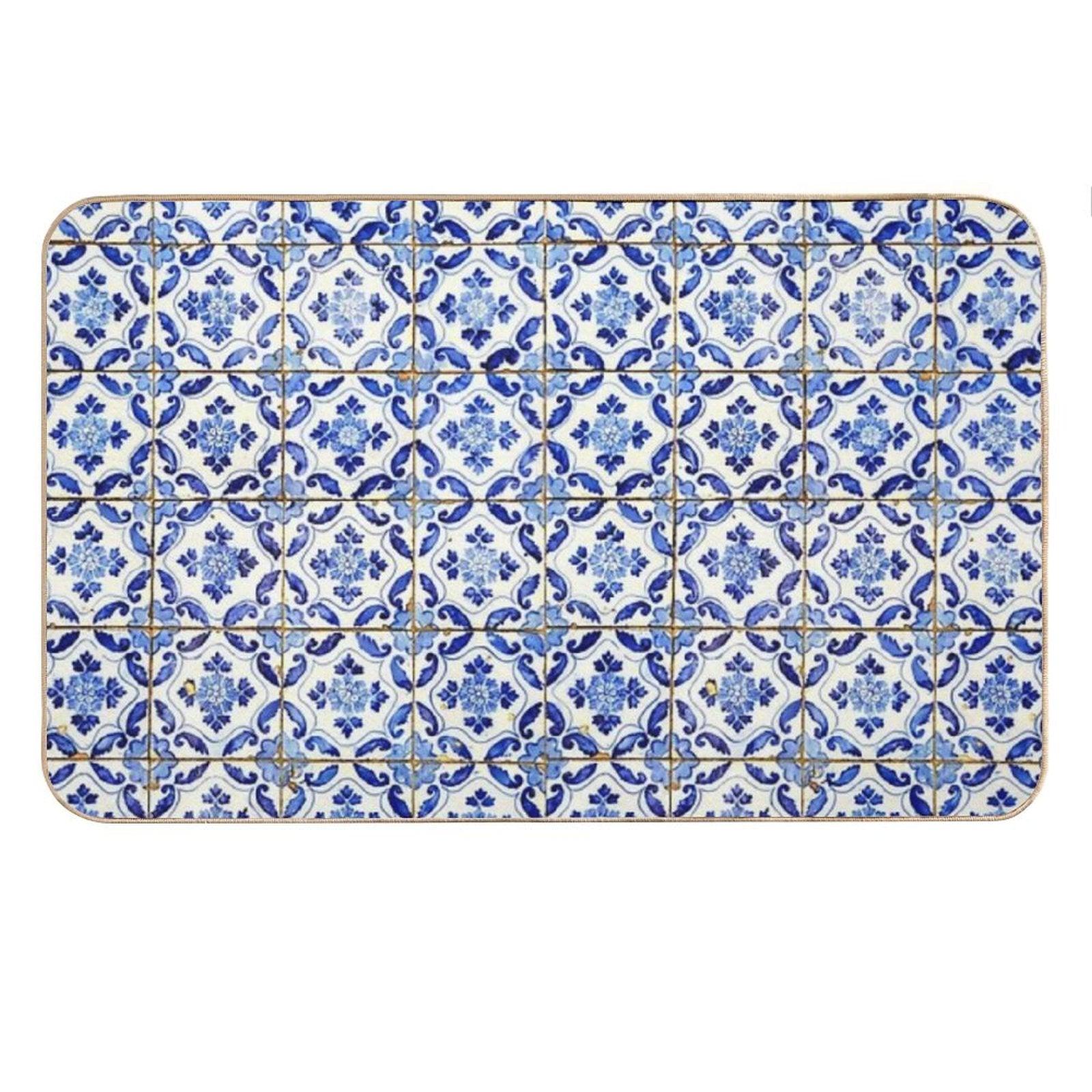 Portuguese Tiles. Blue Flowers And Leaves Bath Mat