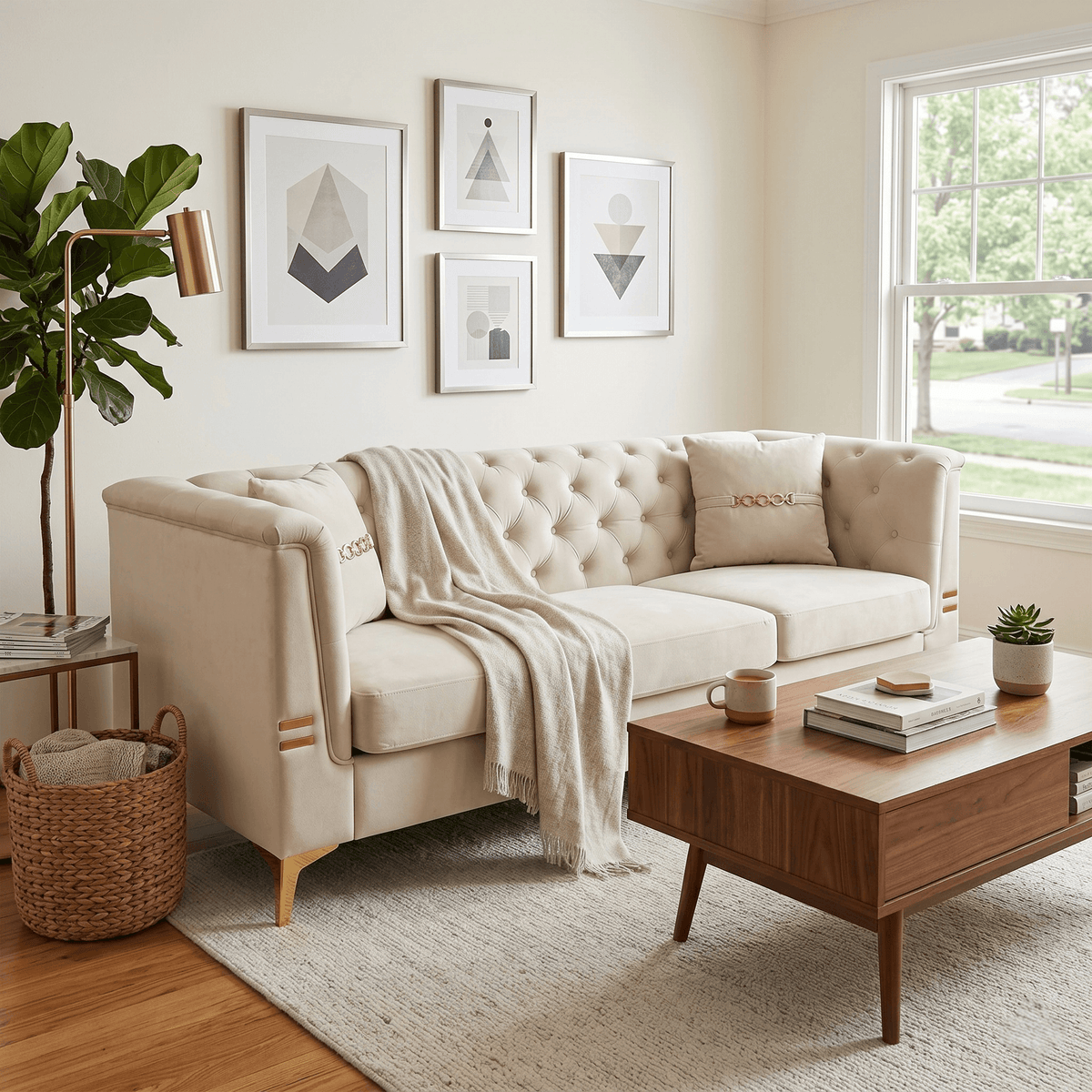 Ivory Velvet 3‑Seat Sofa