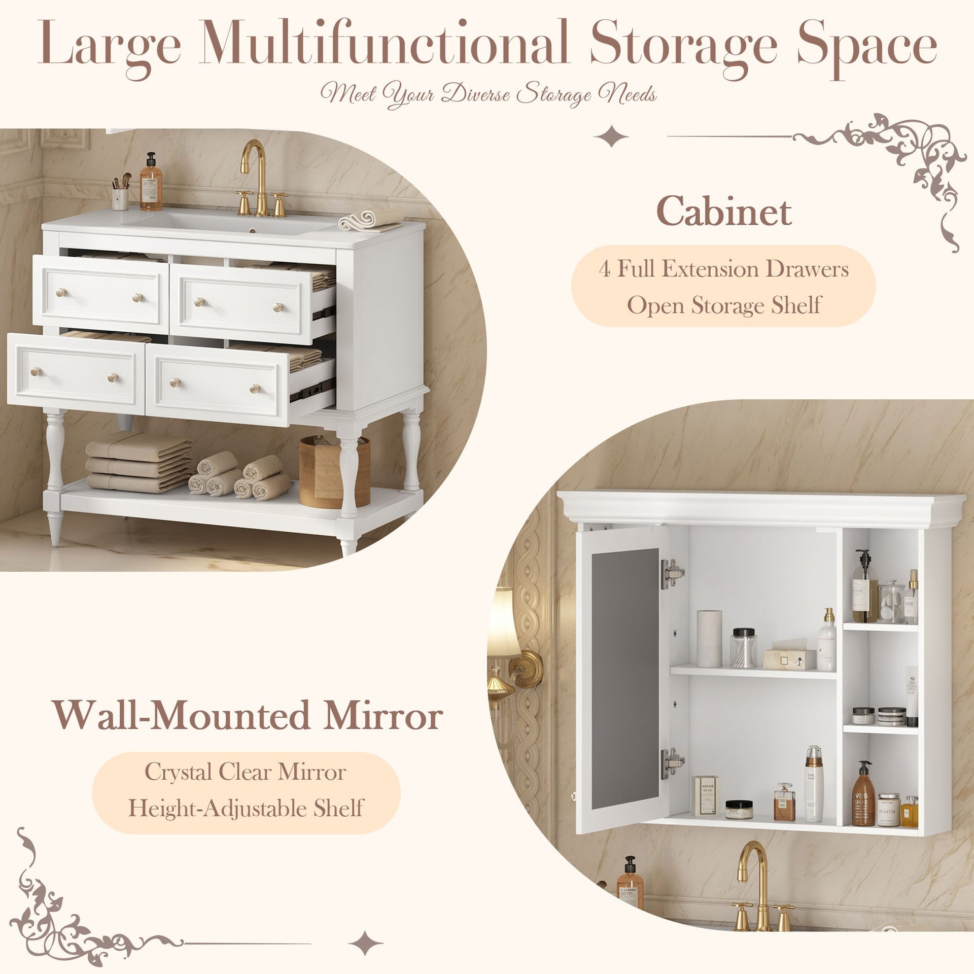 36'' Bathroom Vanity with Medicine Cabinet, Modern Mirror Cabinet with Adjustable Shelf, Bathroom Storage Cabinet with 4 Drawers, Solid Wood Frame Bathroom Storage Cabinet