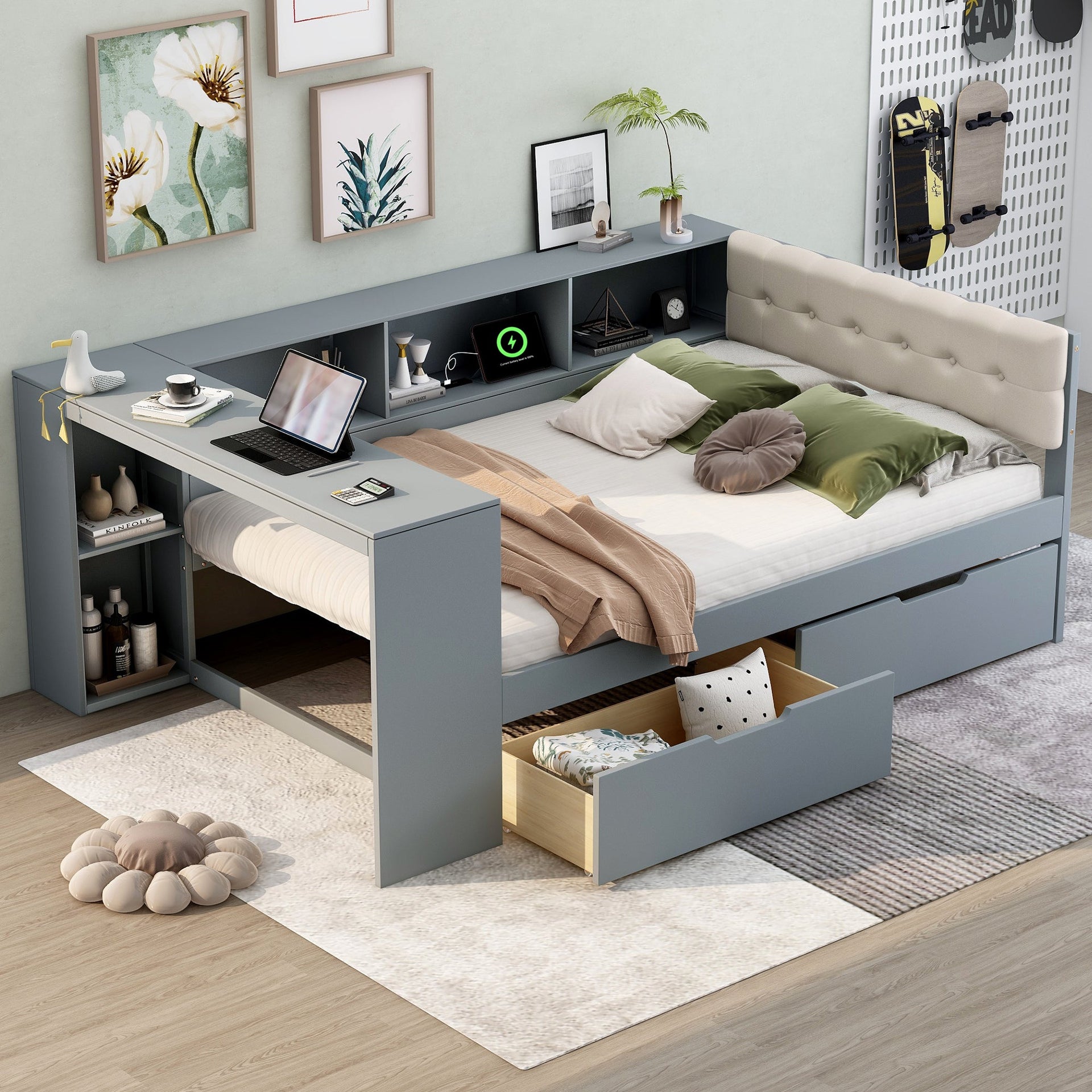 Wood Full Size Platform Bed with Storage Shelves, Drawers, Charging Station and Upholstered Headboard