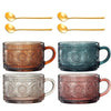 Colored Vintage Coffee Mug Set | Set of 4 | 15oz Unique Flower Hobnail Glasses, Overnight Oats Container with Gold Spoons - Embossed Cups Cute Coffee Bar Accessories, Glassware (Muted)