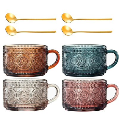 Colored Vintage Coffee Mug Set | Set of 4 | 15oz Unique Flower Hobnail Glasses, Overnight Oats Container with Gold Spoons - Embossed Cups Cute Coffee Bar Accessories, Glassware (Muted)