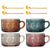Colored Vintage Coffee Mug Set | Set of 4 | 15oz Unique Flower Hobnail Glasses, Overnight Oats Container with Gold Spoons - Embossed Cups Cute Coffee Bar Accessories, Glassware (Muted)