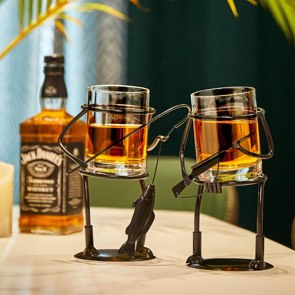 Fisherman Fishing Whiskey, Wine & Water Glass - Glass & Metal Cup Holder- Hook & Line Whiskey, Scotch, Liquor Cup Holder, Holds Cup, Great Gift for Fishing Enthusiasts, Boaters, Fathers, Sons