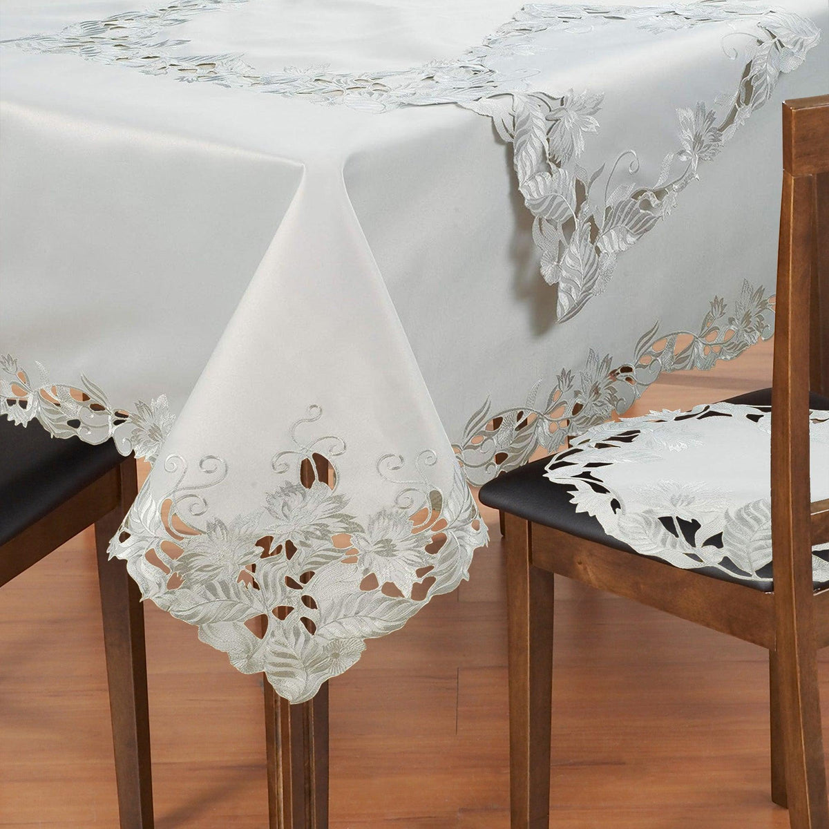 European Embroidered Table Topper – Rustic Gray Tablecloth for Dining Protection
