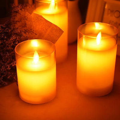 Flameless Led Wax Candle With Amber Color Glass For Home Decor Led Flameless Candles Battery Operated Wax Flickering Moving Wick Effect Halloween Glass Candle Set Wedding/Christmas/Holiday Light Decorative Candles