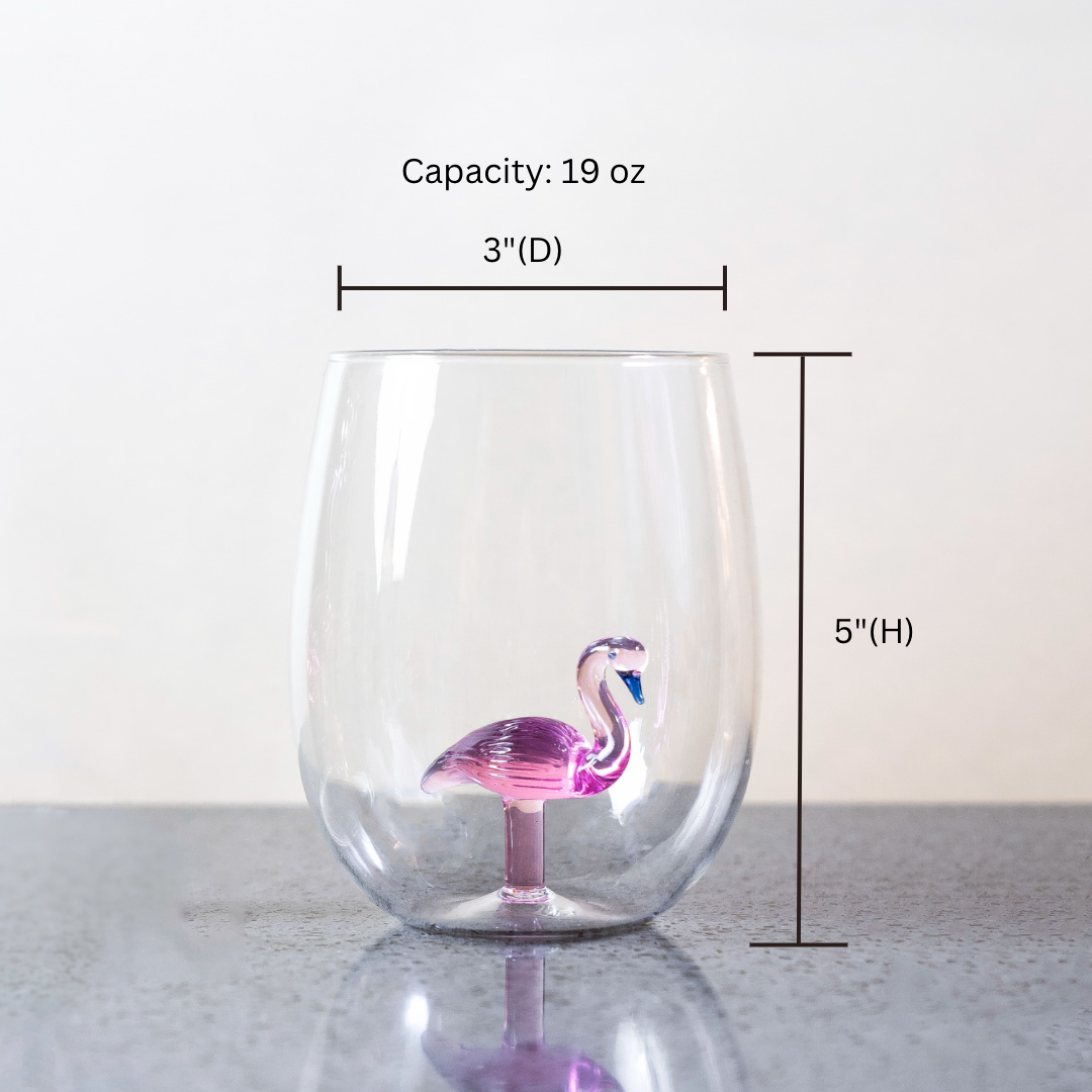 3D Flamingo Stemless Wine Glasses Jersey Art Glass