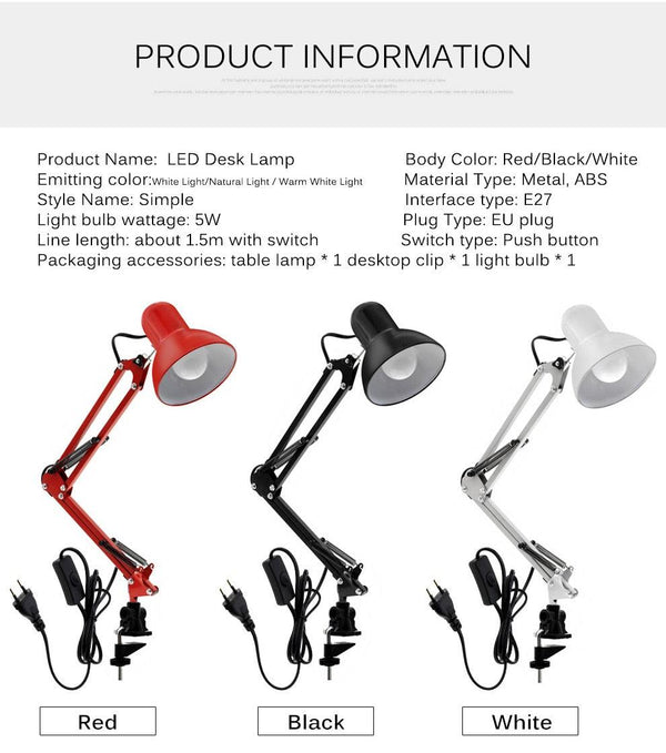 Flexible Led Desk Lamp Home Office Modern Table Lamp Metal Architect Adjustable Folding Reading Light Decorative Table Lamp Cute Study Lamps for Bedroom Décor