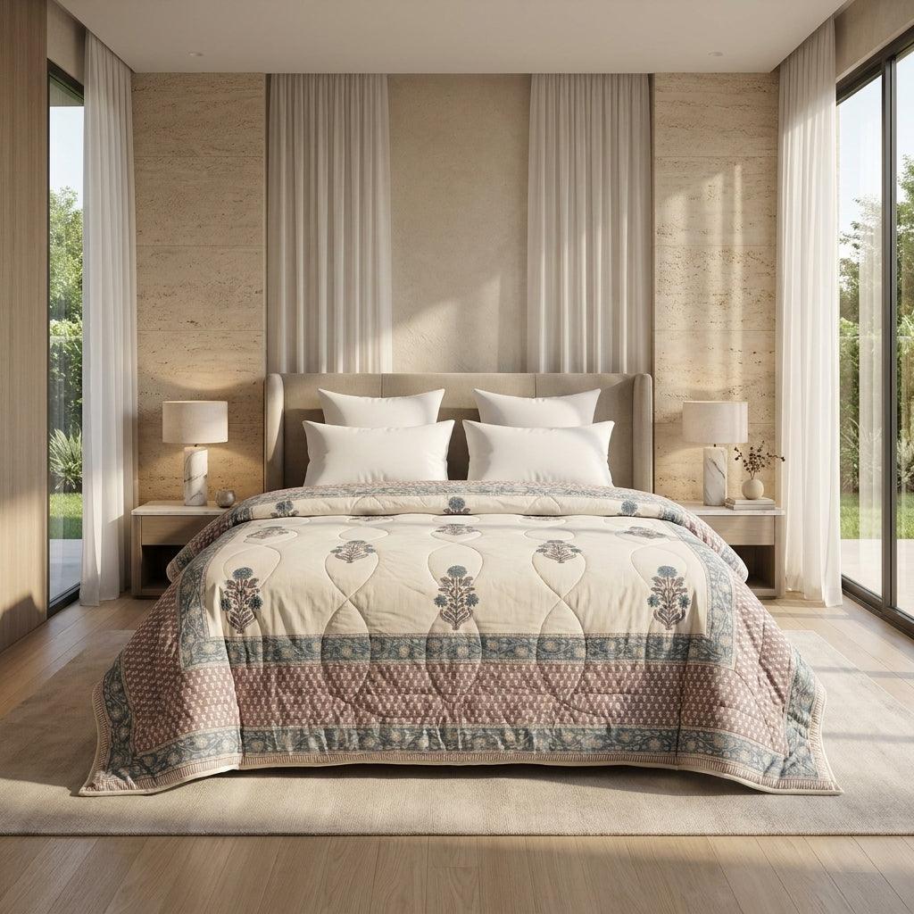 Cream & Slate Blue Floral Jaipur Indian Hand Block Print Quilted Comforter