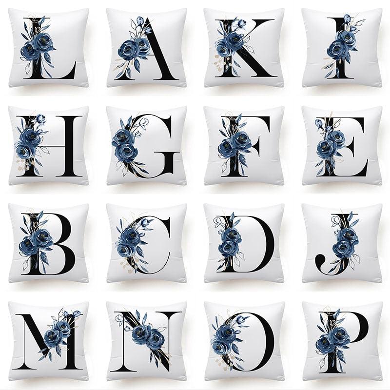 Floral Pillow Covers Alphabet Decorative Pillow Cases ABC Letter Flowers Cushion Covers Blue Flowers Polyester Pillowcase Decorative Sofa Pillows Cover Luxury Soft Materials