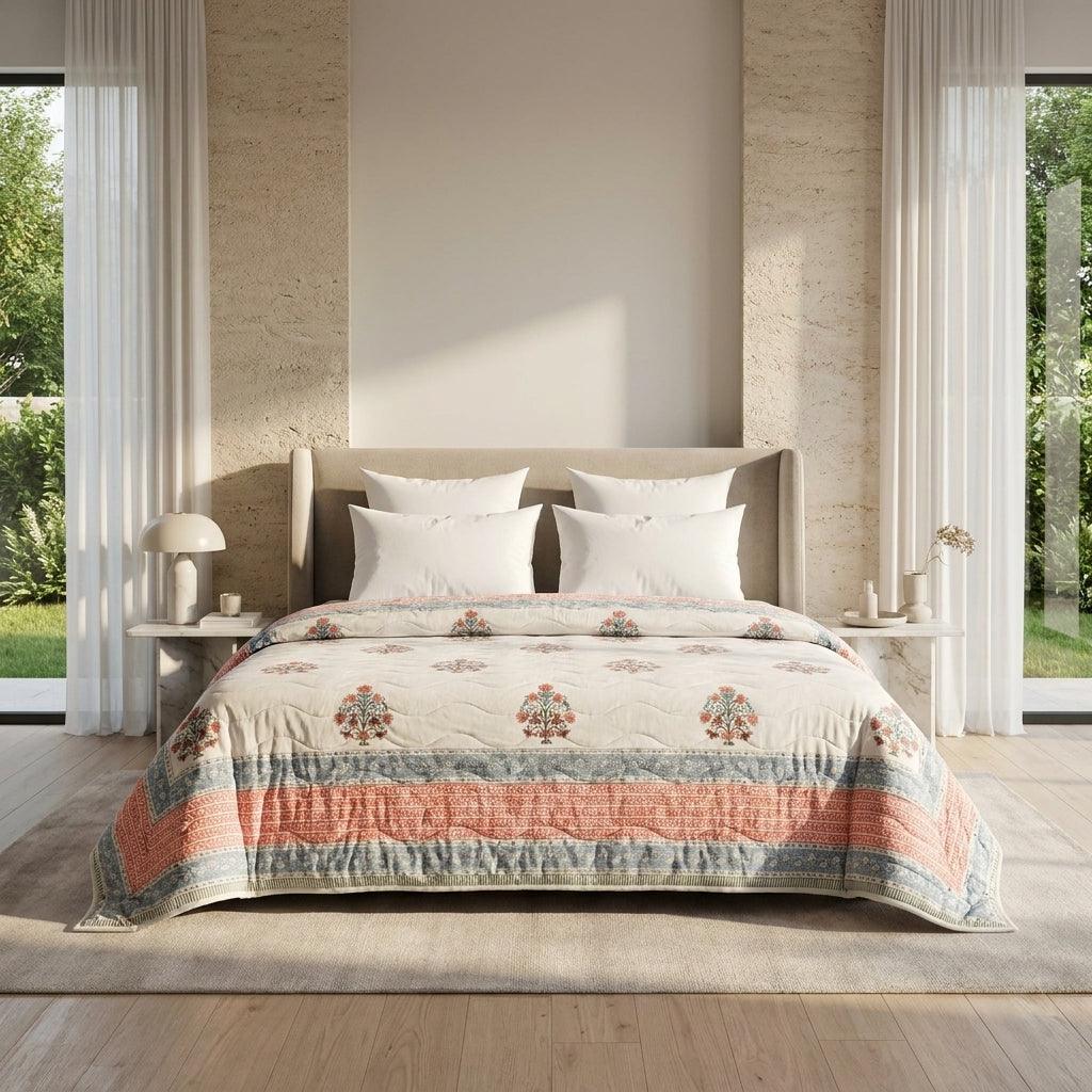 Cream & Dusty Blue Mauve Floral Jaipur Indian Hand Block Print Quilted Comforter
